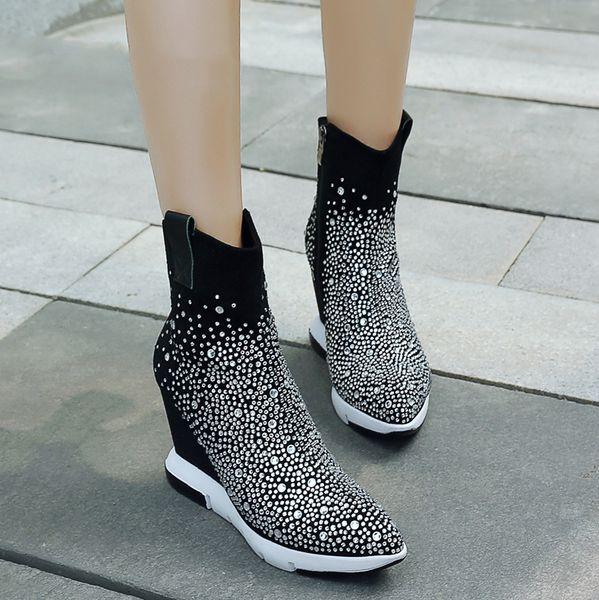 

women new winter warm wedges heels ankle boots zipper slip on high heels genuine leather short boots pointed toe shoes woman, Black