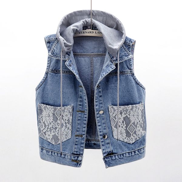 

summer plus size 5xl removable hooded denim vest women waistcoat lace splice pocket sleeveless jacket female short jeans vests, Black;white