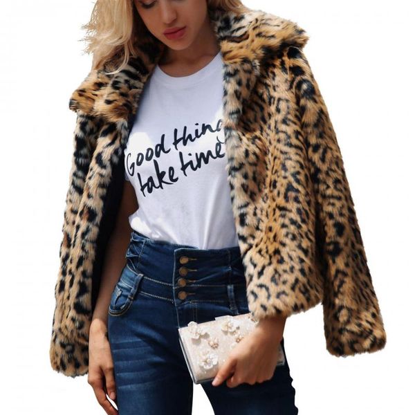

women's fur & faux 2021 autumn winter ladies leopard print lapel coat jacket long sleeve clothes fashion high street warm outerwear wom, Black