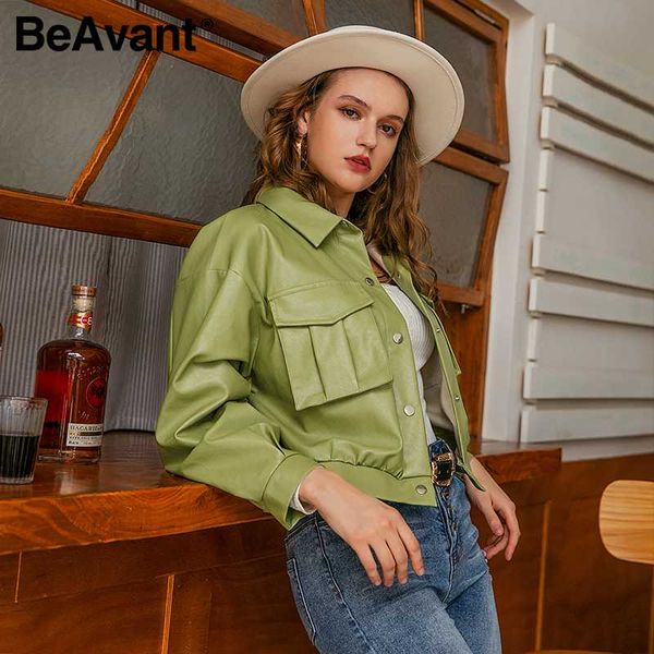 

beavant casual faux leather women coat fashion single-breasted pocket lapel female short jacket high street style ladies jacket, Black;brown