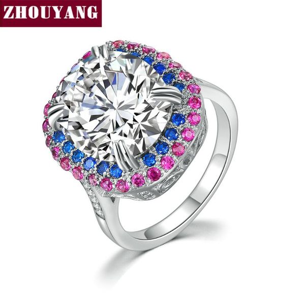 

zhouyang ring for women four claw princess cut multicolor big cubic zirconia silver color wedding gift fashion jewelry dzr004, Golden;silver