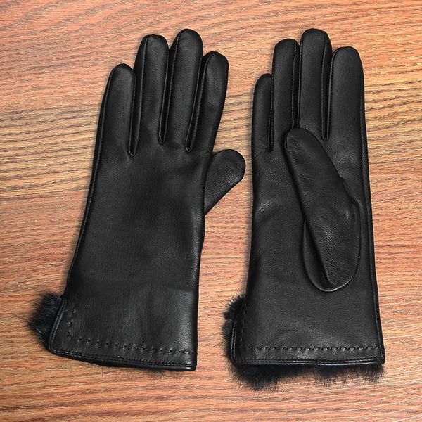 

five fingers gloves 2021 genuine leather women' autumn winter thermal plush lined wrist hair black sheepskin female dq6124, Blue;gray