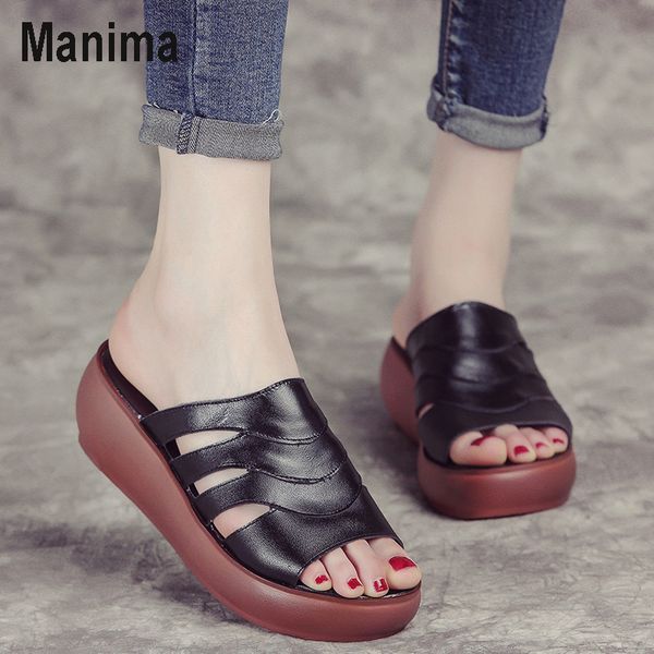 

manima women's shoes summer fashion casual slippers female fish mouth high heel sandals thick bottom slippers 2020 new sale, Black