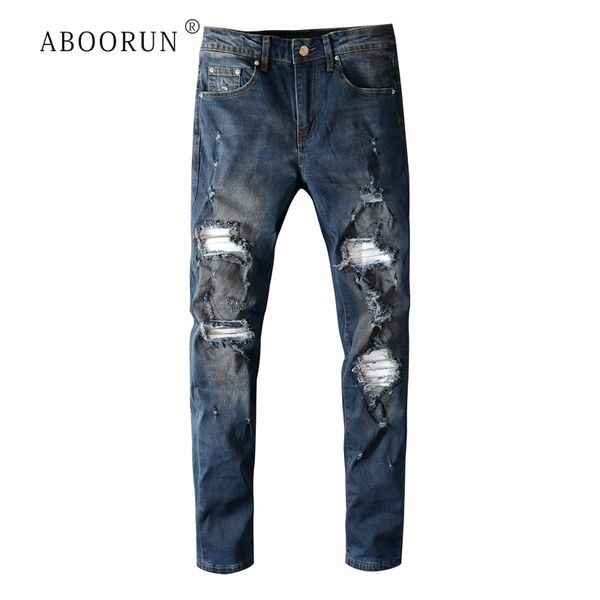 

aboorun men's skinny ripped jeans broken hole patchwork slim fit jeans brand cotton stretch denim pants, Blue