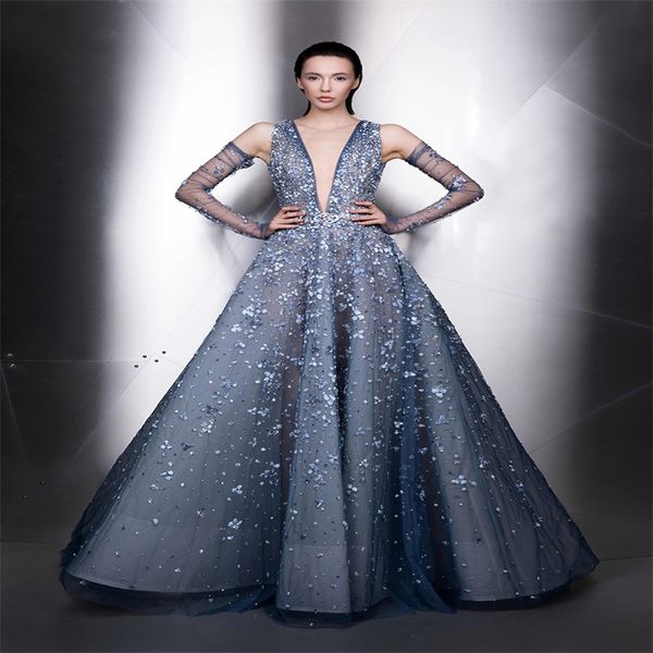 Wunderschönes Ziad Nakad Abendkleid mit abnehmbaren Ärmeln, appliziertes Spitzen-Abschlussballkleid, heißer Verkauf, sexy V-Ausschnitt, maßgeschneidertes Runway-Modekleid