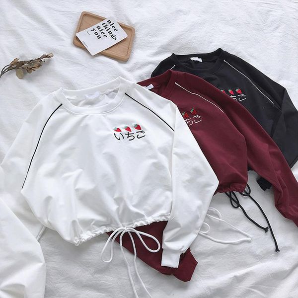 

women casual sweatshirt 2020 new spring autumn long sleeve embroidery shirts women strawberry embroidery short sweatshirts, Black