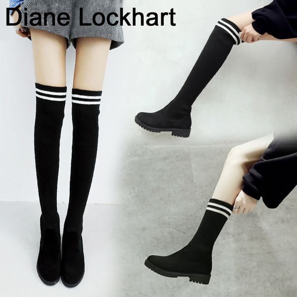 

socks boots women over the knee high boots autumn winter knitted shoes long thigh high elastic slim size33-43, Black