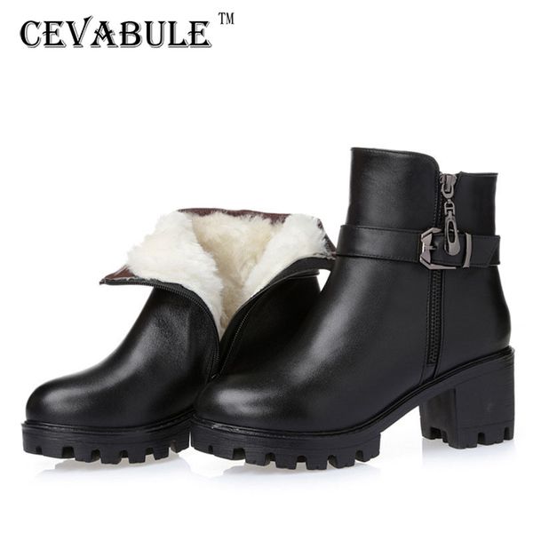 

boots cevablue winter plush thick heel round head low leather 2021 wool women's zlt-dz-92858, Black