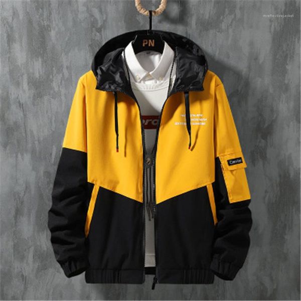 

male long sleeve loose zipper pocket jackets man colorblock outerwear fashion korean version casual spring hooded jacket designer, Black;brown