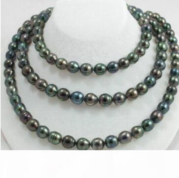 

gt; n1572 12-13mm natural tahitian black green pearl necklace 48inch, Silver