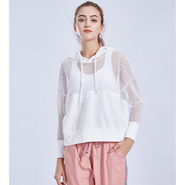 

loose casual mesh hooded sports shirt blouse female running breathable yoga gym clothes long sleeves workout shirts for women, White;red