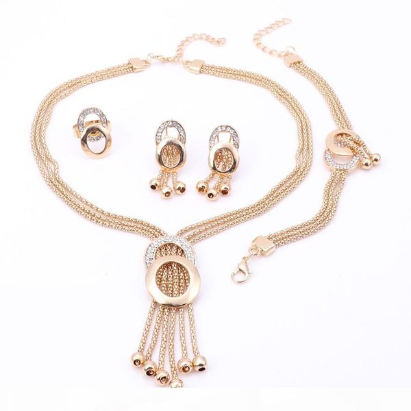 

african jewelry sets women wedding gold plated crystal tassel necklace fashion bridal ring bracelet earrings accessories, Slivery;golden