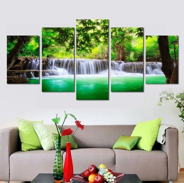 

hd home decor poster 5 pcs nature forest green lake waterfall painting canvas pictures living room wall art(no frame