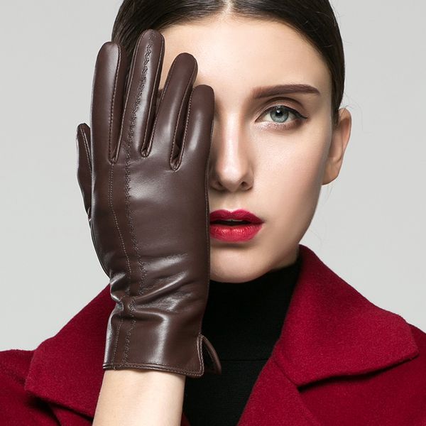 

2020 new fashion autumn genuine leather women gloves female winter warm velvet touch screen gloves leather sheepskin mittens, Blue;gray