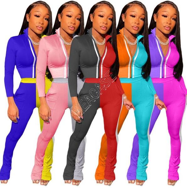 

women designers color constrast tracksuit patchwork zip jackets long sleeved crop coat reflective stripe pants two pieces outfits d9107, White