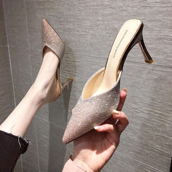 

high heel mules shoes women summer sequin pointed toe slippers sandals women metal heel slippers outdoor party shoes 2020, Black