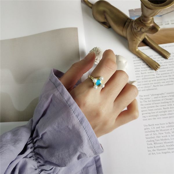 

ruiyi real 925 silver new миндального синий ромб жемчужных кольца женщина моды корейского стиль 18k позолоченные шикарная ниша кольцо, Golden;silver