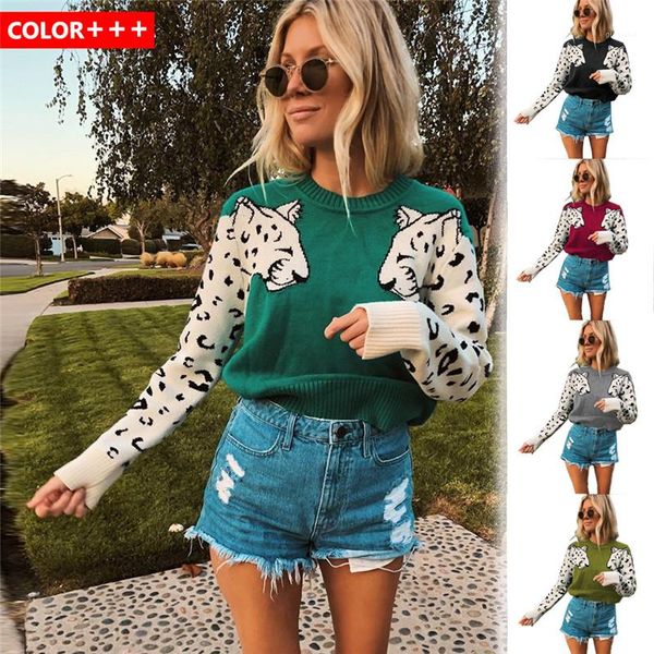 

o neck long sleeve womens sweater wool winter ladies clothing women designer sweater colorful leopard print, White;black