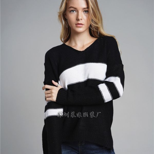 

autumn and winter new pullover loose ol commuter v-neck striped for women pullover sweater sweater sweater tislj, White;black