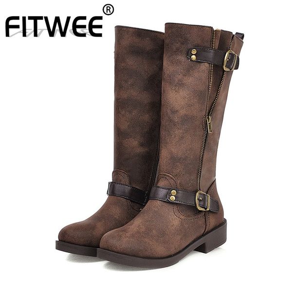 

fitwee pu leather ladies motorcycle boots zipper flats retro classics work boots knee high shoes woman footwear size 34-43, Black