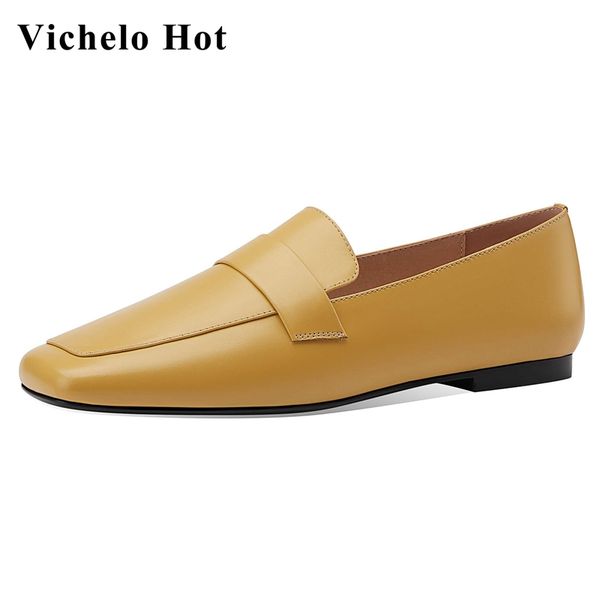

vichelo limited customization plus size genuine leather square toe young lady daily wear deep mouth slip on women flats l11, Black