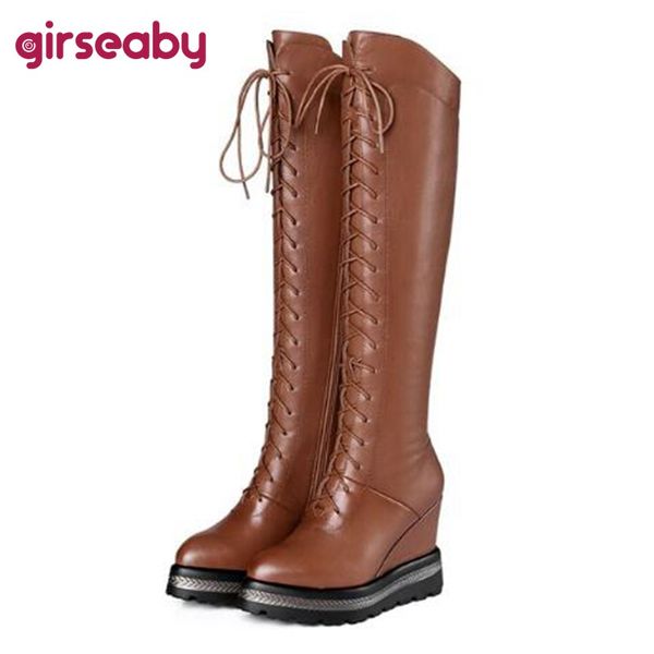 

girseaby quality women high boots genuine leather platform lace up winter warm wedges shoes woman long high boots a780c, Black