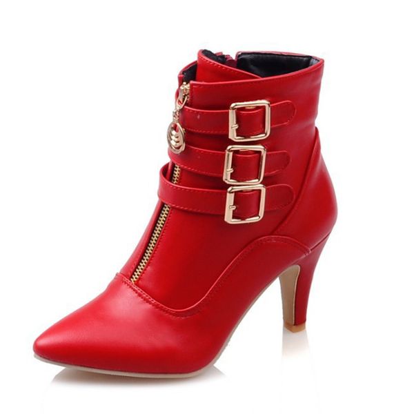 

autumn and winter new fashion belt buckle women's boots large size 34-45 high-heeled short boots female pointed high heels, Black