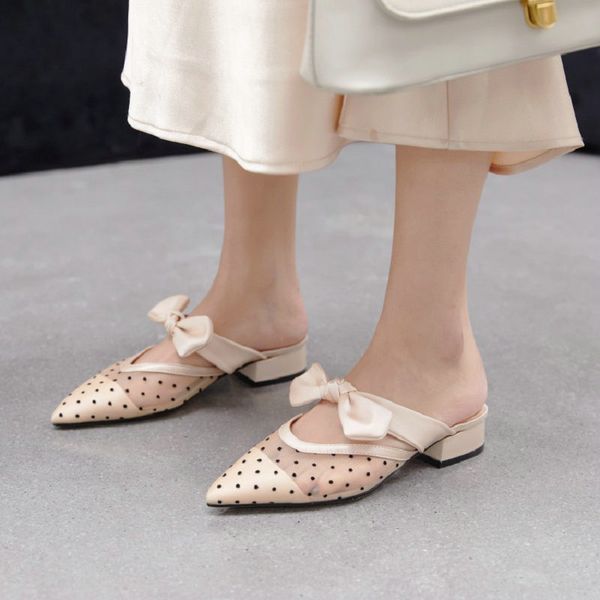 

sianie tianie air mesh net polka dot summer slides open toe low heels woman slip-on slippers with bowtie knot women mules, Black