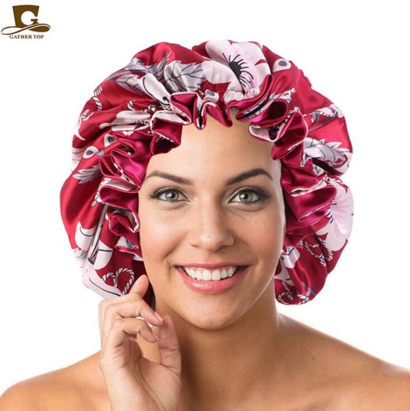 

women double layer silky du-rag hair cover accessories wave caps rags floral bonnet salon hat turban durag doo rag headwrap gd554, Blue;gray