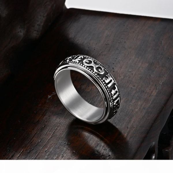 

chinese style religious six-character proverbs text can rotate titanium steel ring daming mantra men's retro fashion charm jewelry whol, Silver