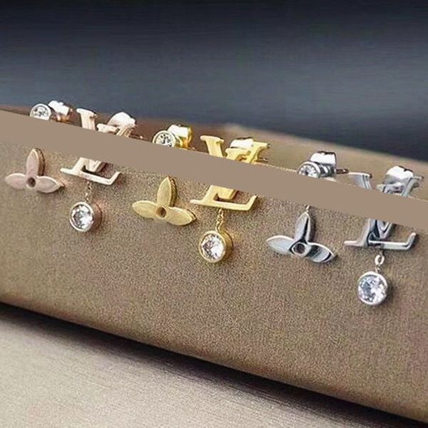 

luxury designer jewelry women earrings four leaf flower earrings stainless steel silver rose gold elagant asymmetrical diamond stud gift, Golden