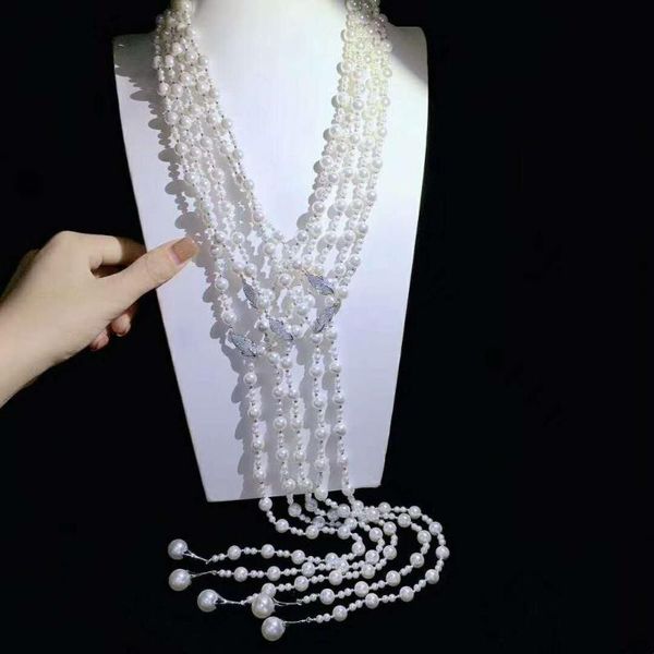 

women's jewelry 5-6mm 8-9mm 100cm micro inlaid zircon leave accessories white freshwater pearl necklace sweater chain, Silver