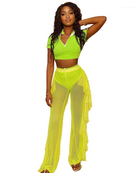 

рукав crop top sheer сетки ruffle брюки женские костюмы дизайнера конфеты цвет 2pcs костюмы sexy короткие, Gray