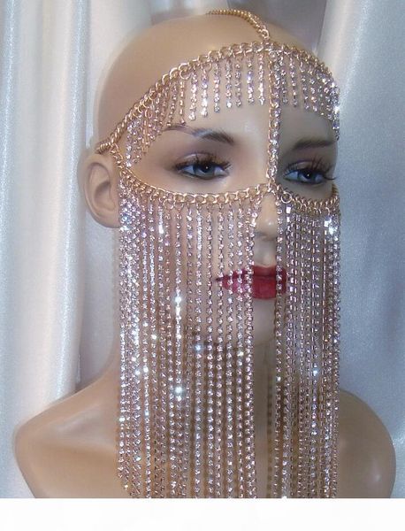 

women rock harness gold color chains head jewelry unique design luxury crystal chain tassels face mask chains jewelry, Silver