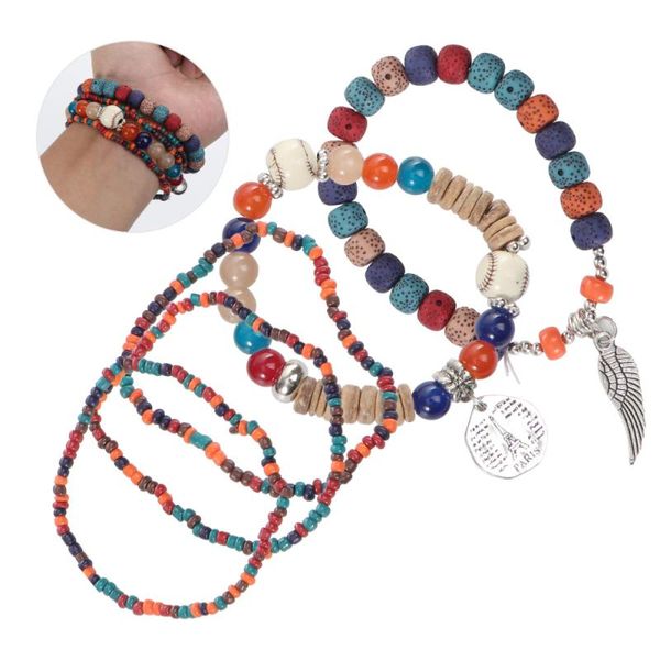 

1pc colorful bohemian national style bracelet multi-layer elastic rice beads hand string (green, Golden;silver