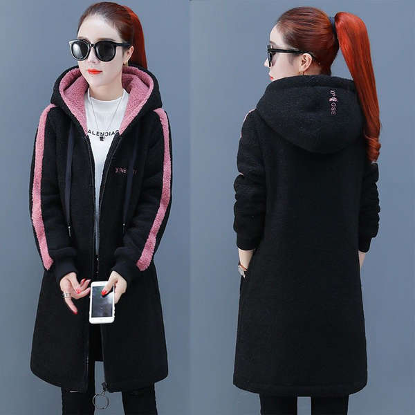 

winter warm liner plush zipper fur hooded outwear 2020 new female winter hooded jackets coats for women solid hoody thick jacket, Black