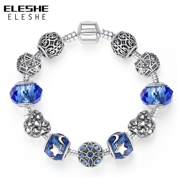 

eleshe fashion silver color moon star charm bracelet blue glass crystal beads bracelets & bangles for women party jewelry gift, Red;blue