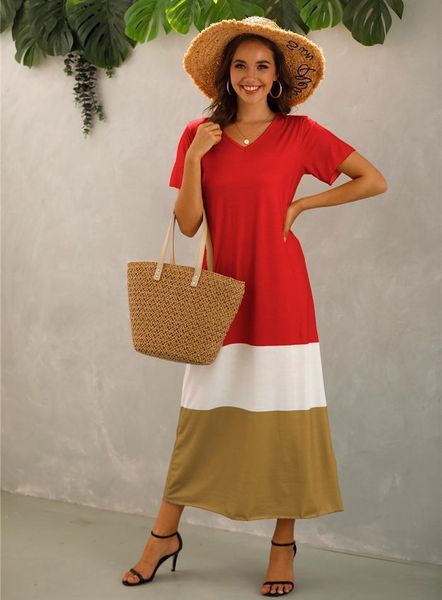 

sleeve dresses women fashion loose casual clothes womens v-neck contrast color dress woman plus size summer striped 5xl patchwork short, Black;gray