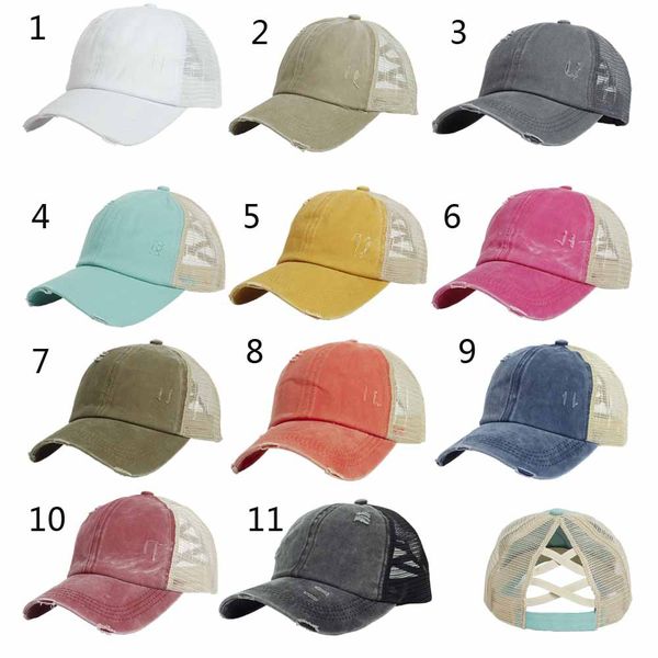 

women high ponytail base ball washed distressed cotton tucker hat criss cross messy buns cap, Blue;gray