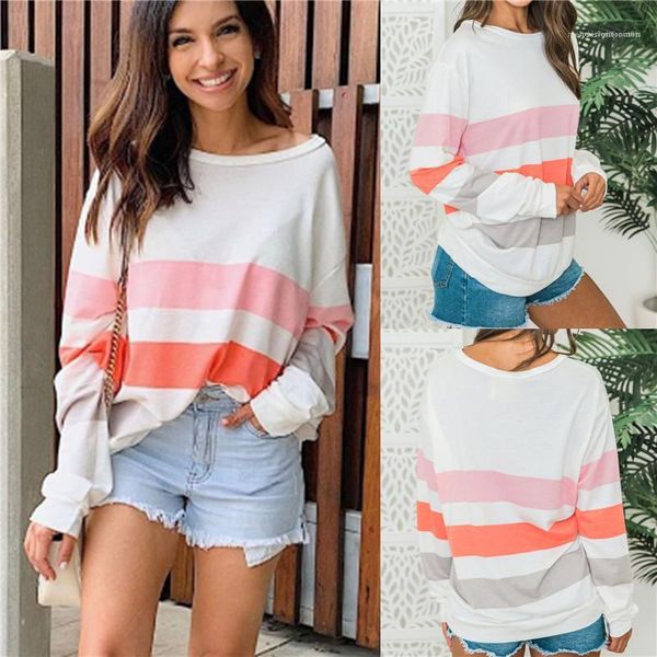 

womens striped print crew neck tees summer designer contrast color loose tshirts females casual long sleeve fashion, White