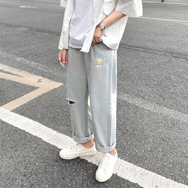 

summer tide brand retro light-colored jeans men and womens loose korean version of the teen nine points bf broad-legged pants, Black