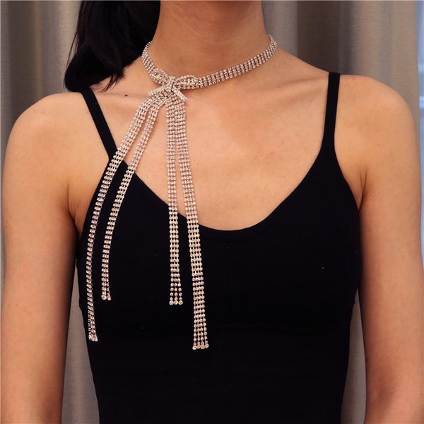 

new multi crystal bow tie choker necklace for women luxury long tassel rhinestone choker collar necklace chain jewelry, Golden;silver