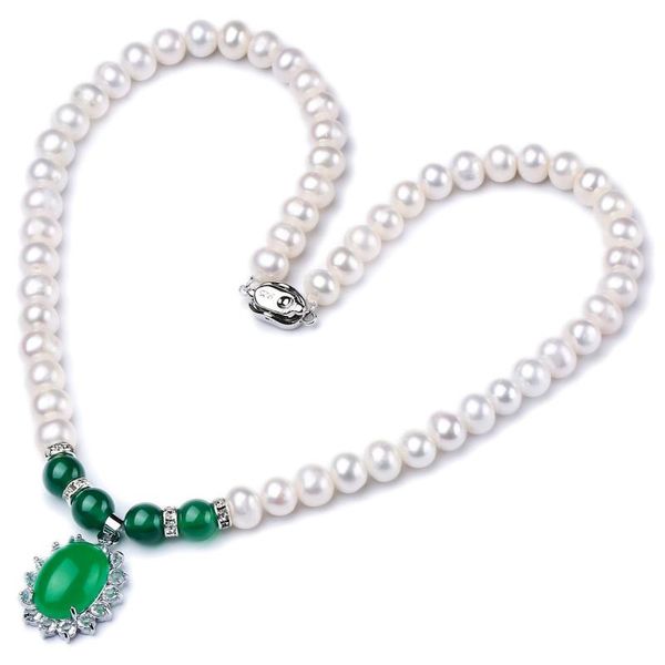 

women pearl necklace green agate chalcedony jades stone necklaces buddha beads chain gift for female's fine jewelry, Silver