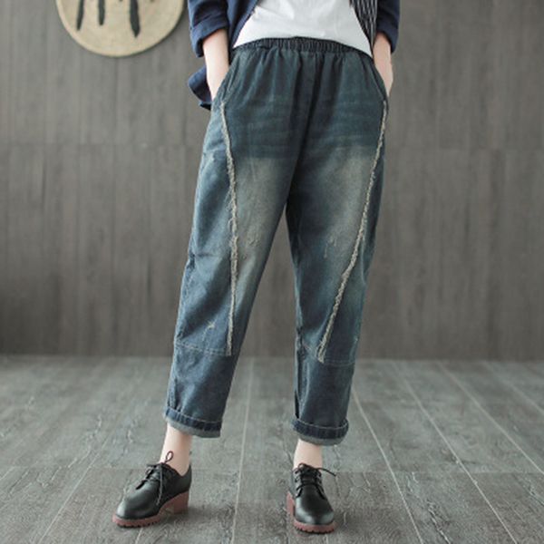 

women's jeans [ewq] 2021 spring autumn elastic waist splice pockets loose casual harem pants womens clothing oc20405, Blue