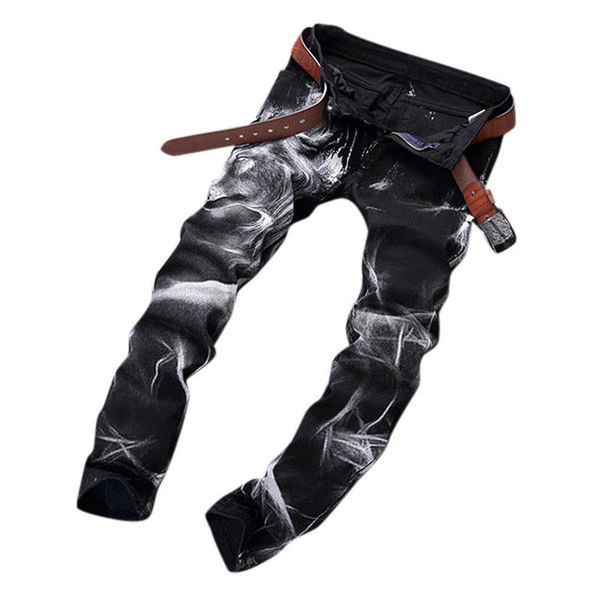 

men's jeans 2021 fashion style mens wolf print moto biker black straight leg denim long pants male us size 30-40, Blue