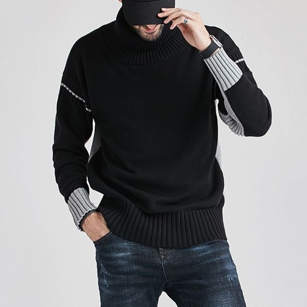 

2020 winter autumn korean style warm sweater turtleneck wool patchwork sweater men knitwear coat male knitted jumper pullover, White;black