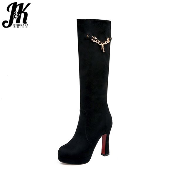 

boots jk winter high heels stretch flock women shoes woman 2021 autumn over the knee elastic boot warm footwear big size 46, Black