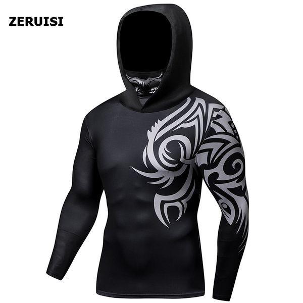 

autumn new men's hooded with mask tight long sleeve fitness cycling jogging sportswear quick-dry compression t-shirt hoodies jersey, White;black