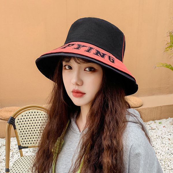 

women bucket hat summer sun hats brim letter embroidery fisherman hat female fashion colorblock cap cotton outdoor sunshade, Blue;gray