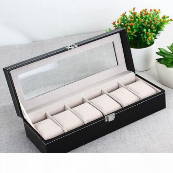 

6 grid pu leather watch storage box rectangle wristwatch holder jewelry display case for gifts ll@17, Black;blue